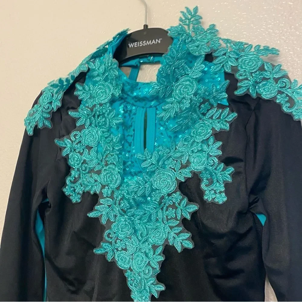 WEISSMAN Dance Costume biketard aqua lace appliqué Hallowed Ground 11084 MA